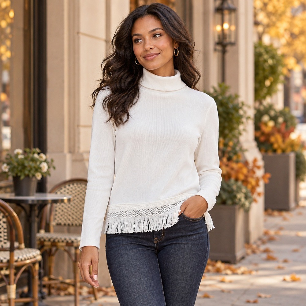 White Ribbed Turtleneck Top Women Size M Crochet Lace Fringe Hem Boho Long Sleev